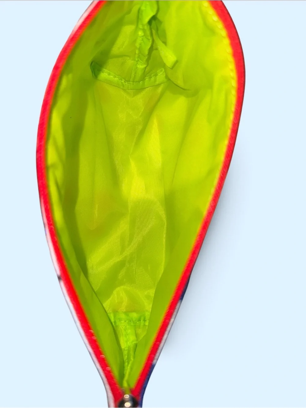 Clinique  Neon Yellow Stripe Cherry Pouch with Red and Blue Accents
